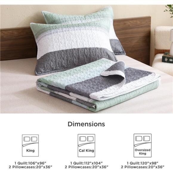 California King Quilt Set Sage Green - Cal King Oversized Stripe Comforter - Picture 14 of 16